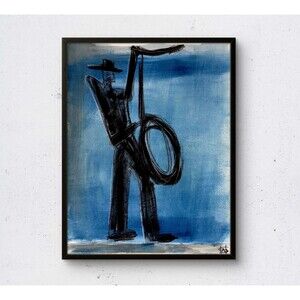 WS original roping cowboy painting 14X11 Gallery Paper abstract modern wall art